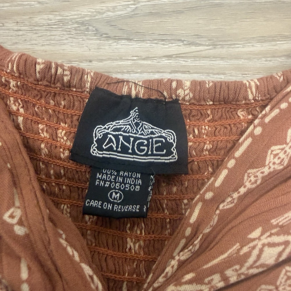 Angie Womens Medium Rust Boho Print Wide Leg Jumpsuit 100% Rayon Flutter Sleeve - Picture 2 of 7